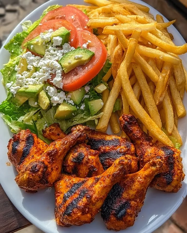 Crispy Grilled Chicken Drumsticks with Fries & Avocado Salad