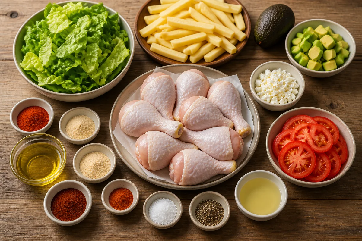 Crispy Grilled Chicken Drumsticks with Fries & Avocado Salad