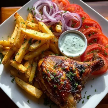 Plate of crispy grilled chicken with golden fries