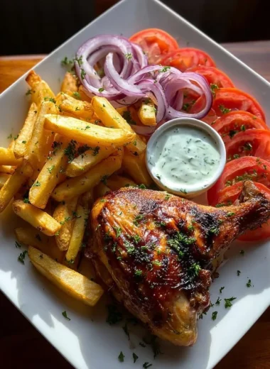 Plate of crispy grilled chicken with golden fries