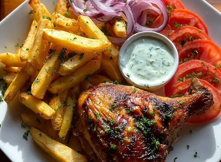 Plate of crispy grilled chicken with golden fries