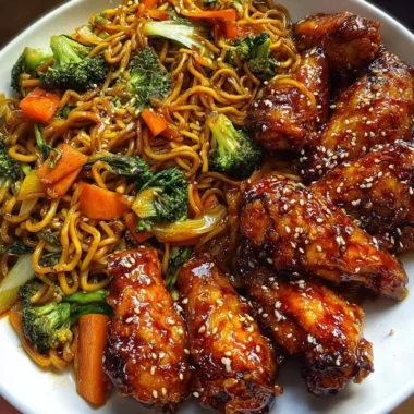 Crispy honey garlic chicken wings served with vegetable chow mein on a plate