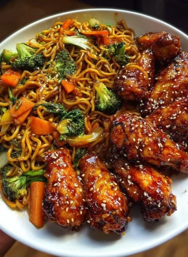Crispy honey garlic chicken wings served with vegetable chow mein on a plate