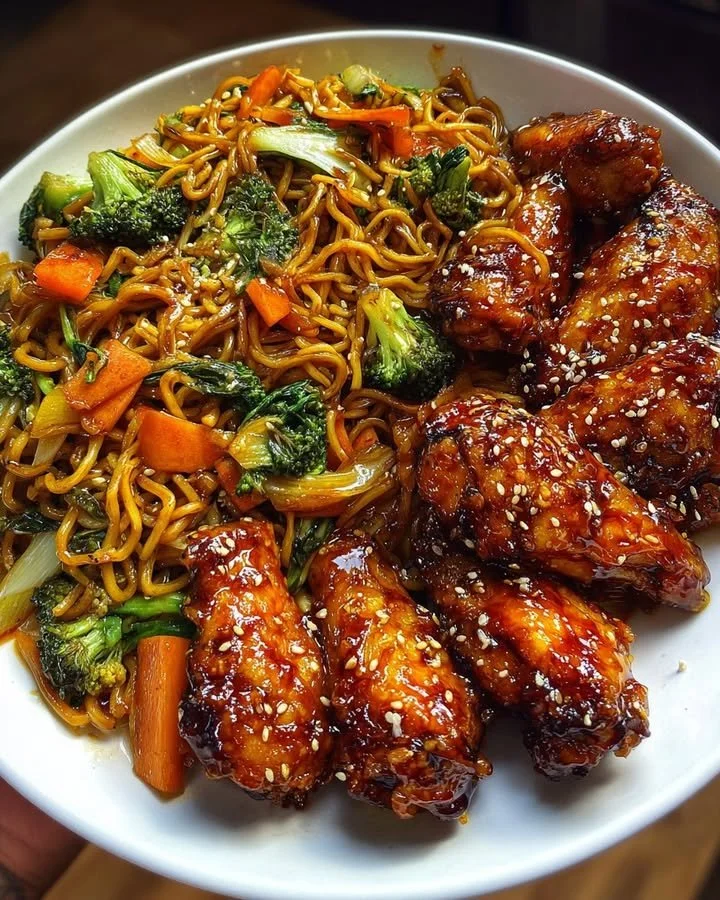 Crispy Honey Garlic Chicken Wings With Vegetable Chow Mein