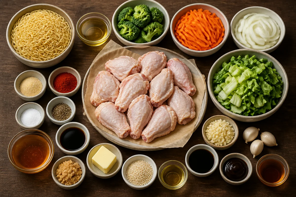 Crispy Honey Garlic Chicken Wings With Vegetable Chow Mein