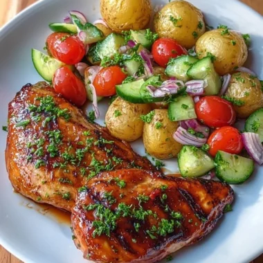 Crispy honey garlic chicken served with baby potatoes and salad on a plate