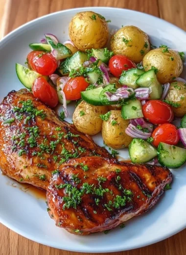 Crispy honey garlic chicken served with baby potatoes and salad on a plate