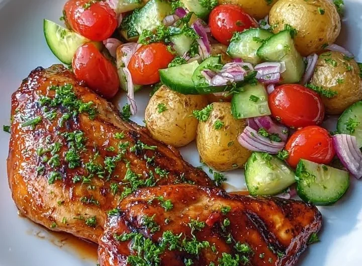Crispy honey garlic chicken served with baby potatoes and salad on a plate