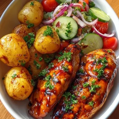 Crispy Honey Garlic Chicken served with baby potatoes and fresh salad