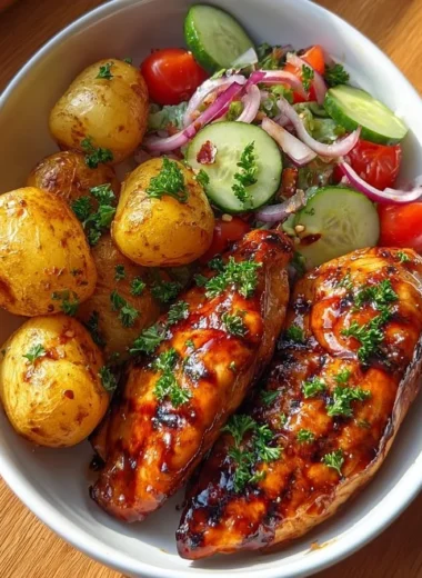Crispy Honey Garlic Chicken served with baby potatoes and fresh salad