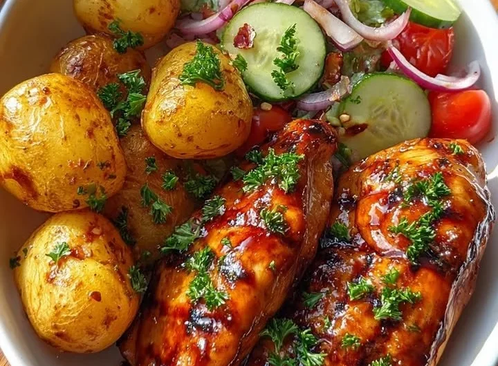 Crispy Honey Garlic Chicken served with baby potatoes and fresh salad