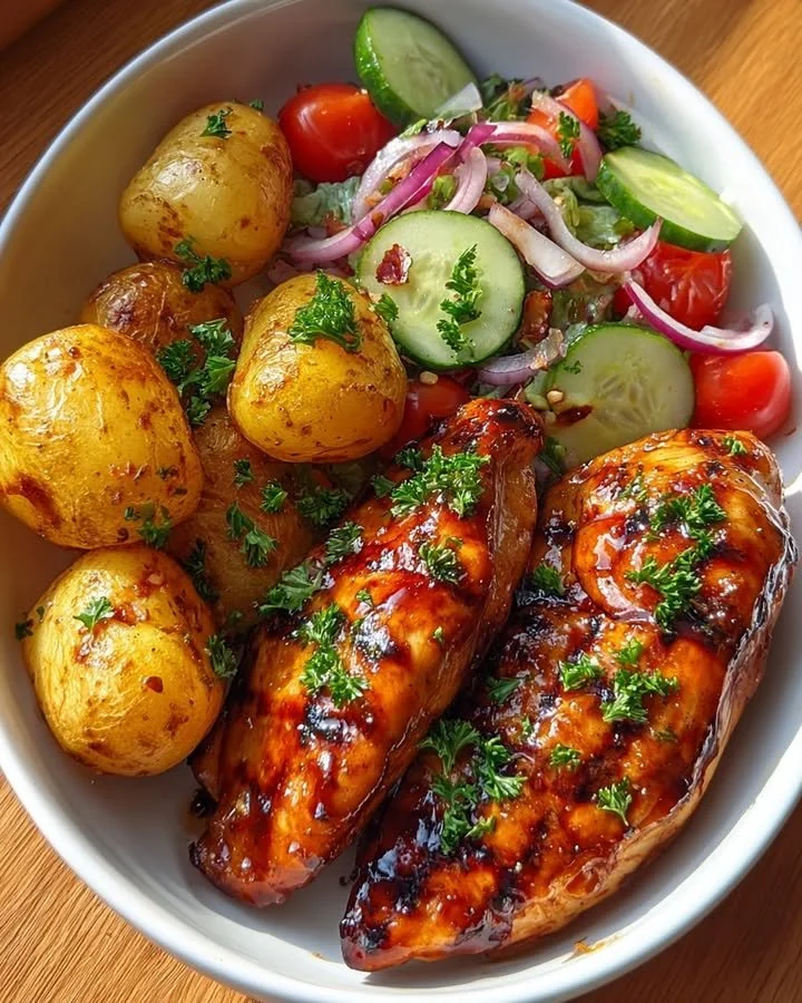 Crispy Honey Garlic Chicken served with baby potatoes and fresh salad