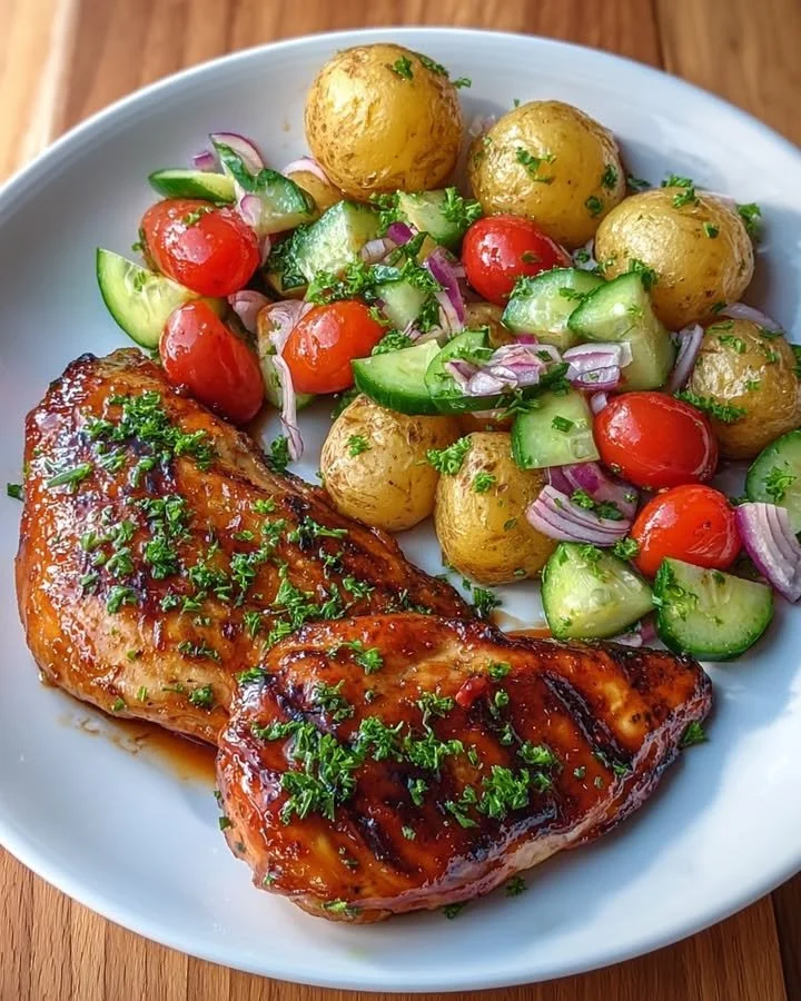 Crispy Honey Garlic Chicken With Baby Potatoes And Salad