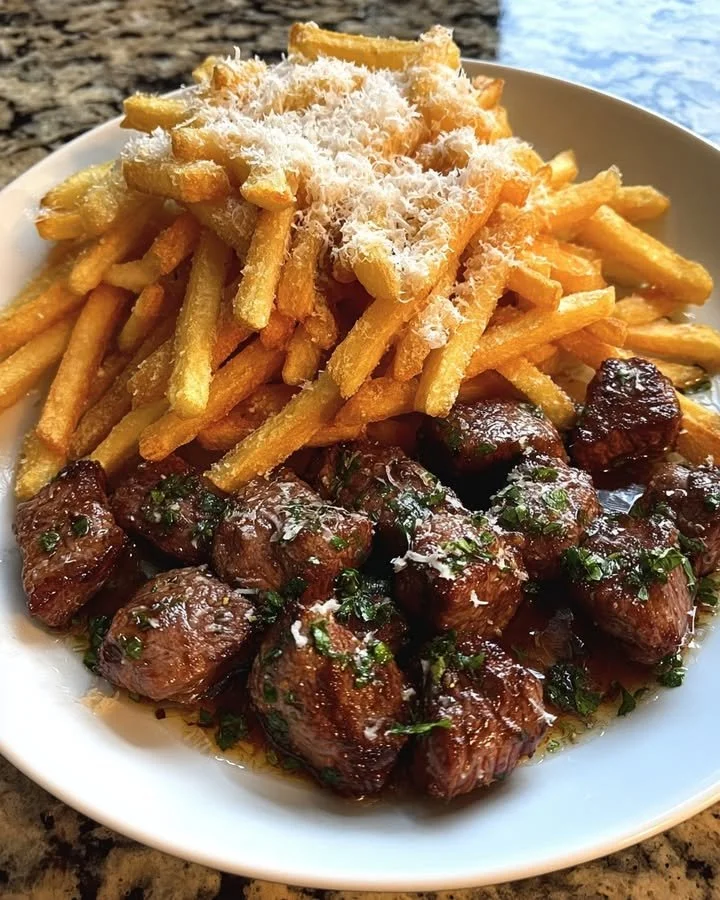 Crispy Parmesan Fries with Garlic Butter Steak Bites