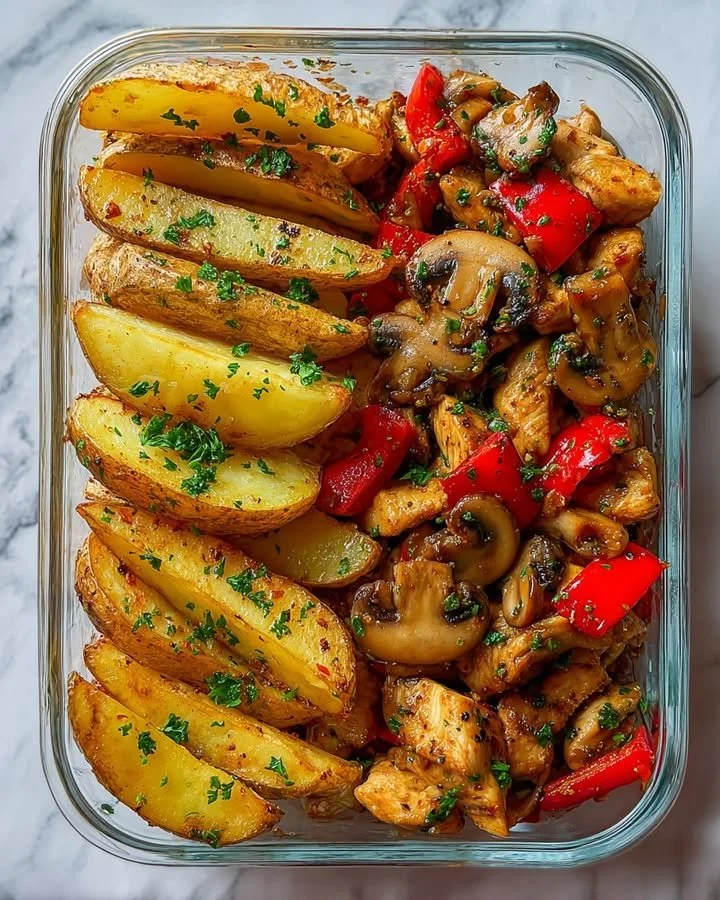 Crispy Potato Wedges With Garlic Herb Chicken And Mushrooms