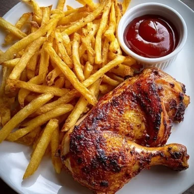Crispy roasted chicken leg quarter served with French fries and dipping sauce