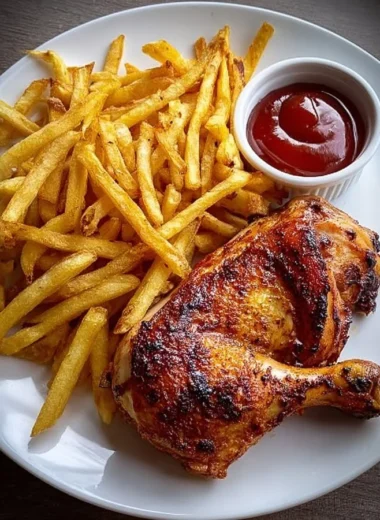 Crispy roasted chicken leg quarter served with French fries and dipping sauce