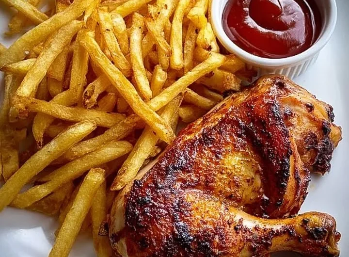 Crispy roasted chicken leg quarter served with French fries and dipping sauce
