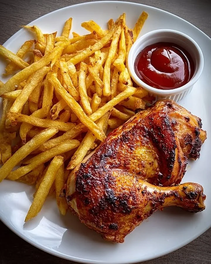 Crispy Roasted Chicken Leg Quarter with French Fries & Dipping Sauce