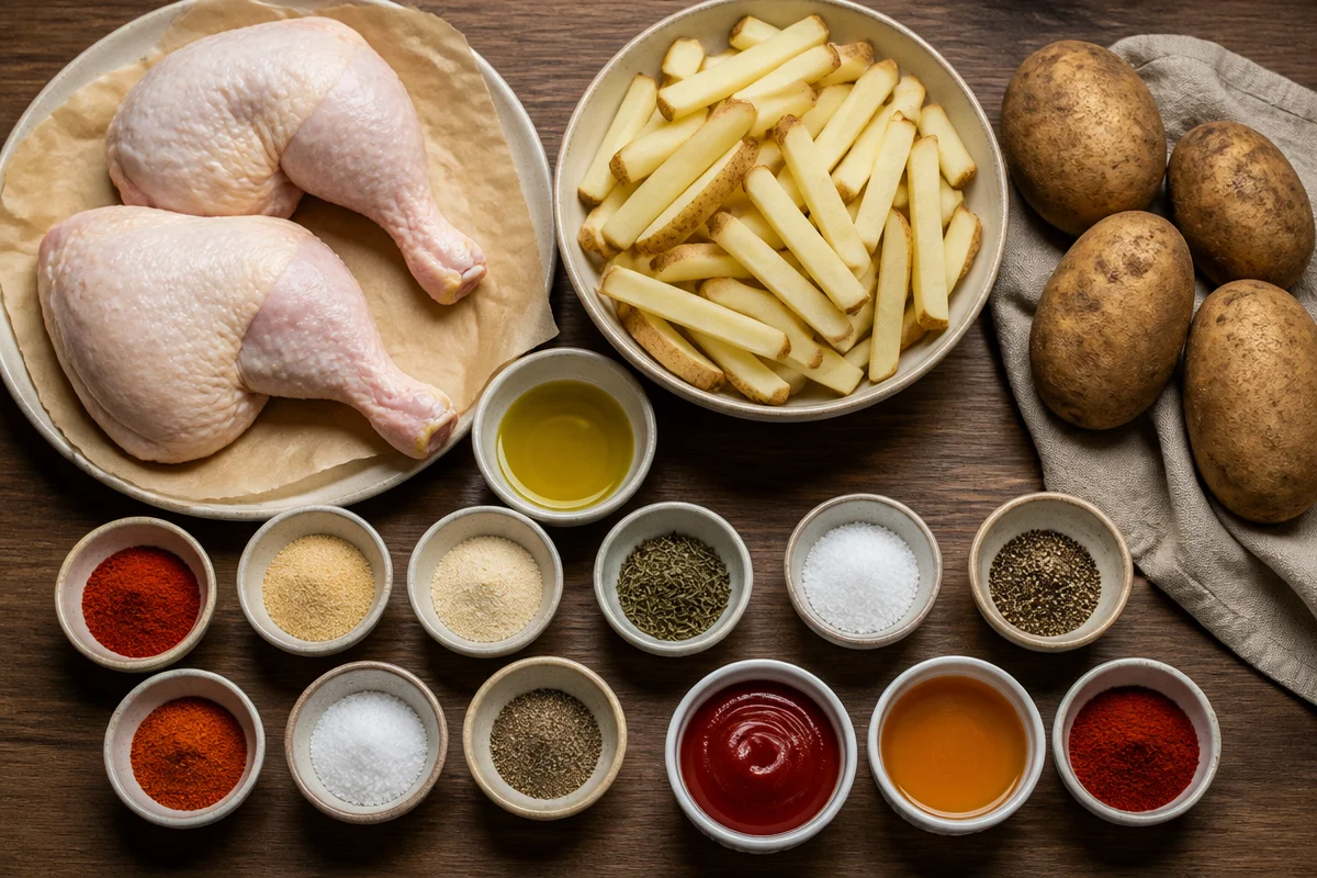 Crispy Roasted Chicken Leg Quarter with French Fries & Dipping Sauce