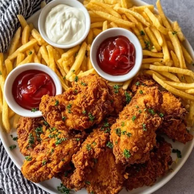 Delicious crispy southern fried chicken served with golden french fries