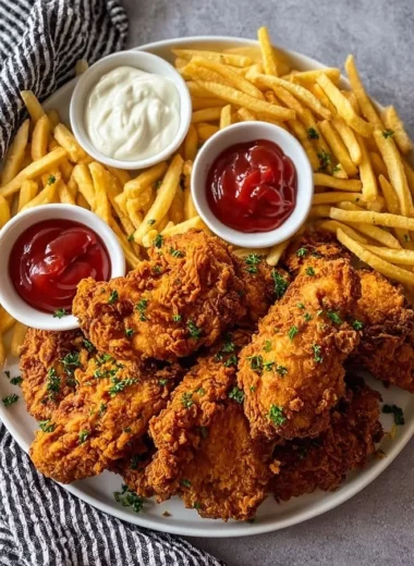 Delicious crispy southern fried chicken served with golden french fries
