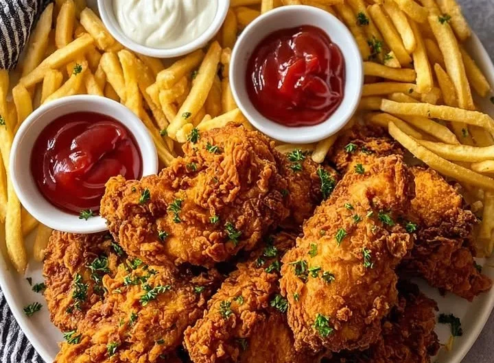 Delicious crispy southern fried chicken served with golden french fries
