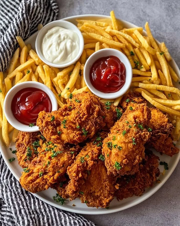 Delicious crispy southern fried chicken served with golden french fries
