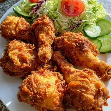 Plate of crispy Southern fried chicken served with a fresh garden salad