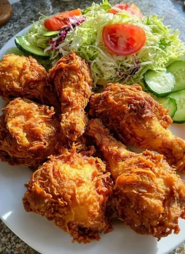 Plate of crispy Southern fried chicken served with a fresh garden salad