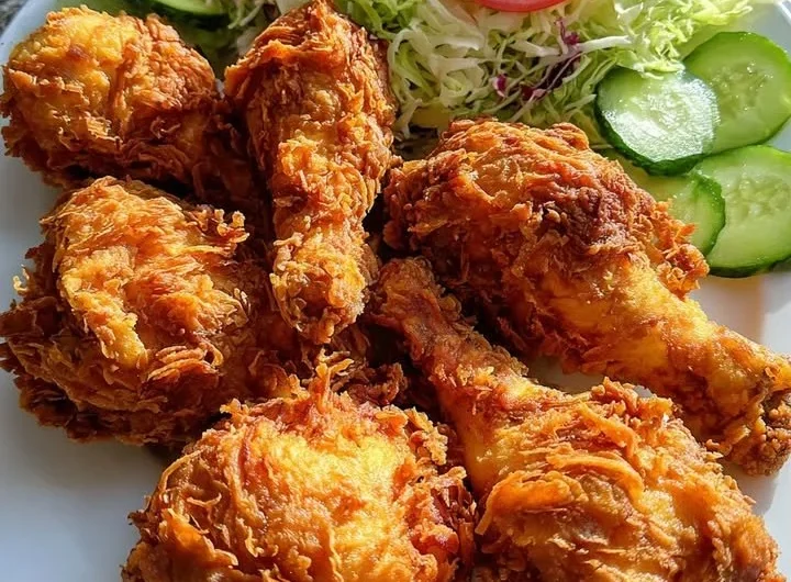 Plate of crispy Southern fried chicken served with a fresh garden salad