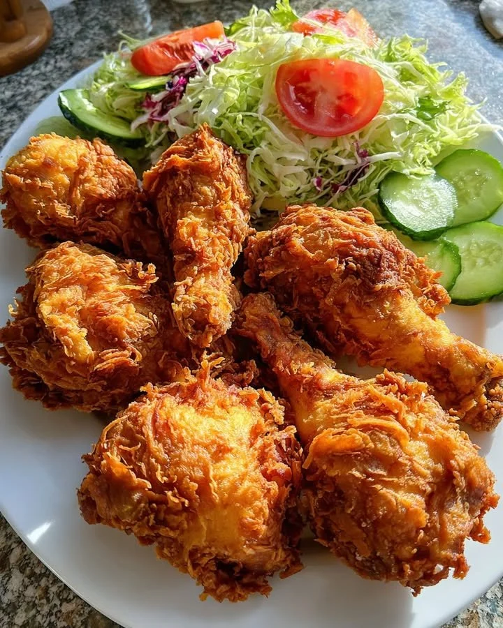 Plate of crispy Southern fried chicken served with a fresh garden salad