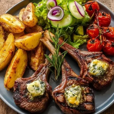 Garlic butter lamb chops served with roasted potato wedges and a garden salad