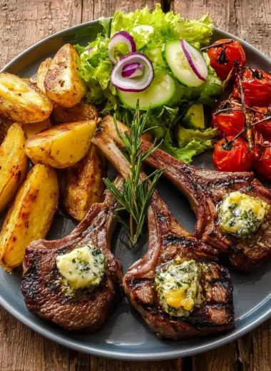 Garlic butter lamb chops served with roasted potato wedges and a garden salad