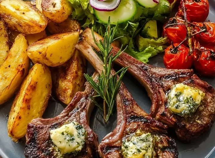 Garlic butter lamb chops served with roasted potato wedges and a garden salad