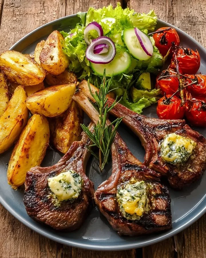 Garlic Butter Lamb Chops with Roasted Potato Wedges & Garden Salad