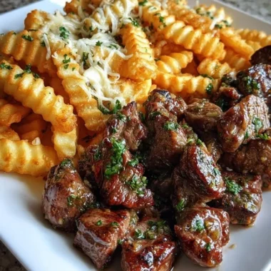 Garlic butter steak bites served with cheesy loaded crinkle fries