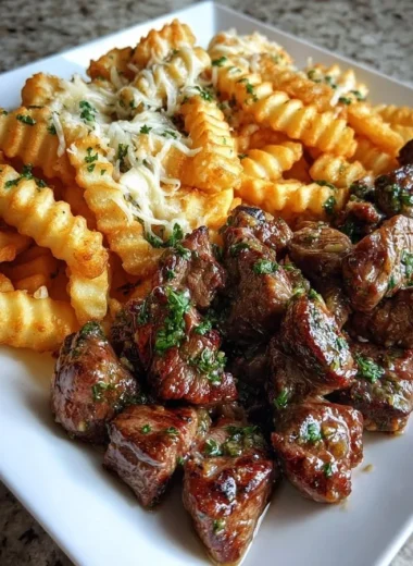 Garlic butter steak bites served with cheesy loaded crinkle fries