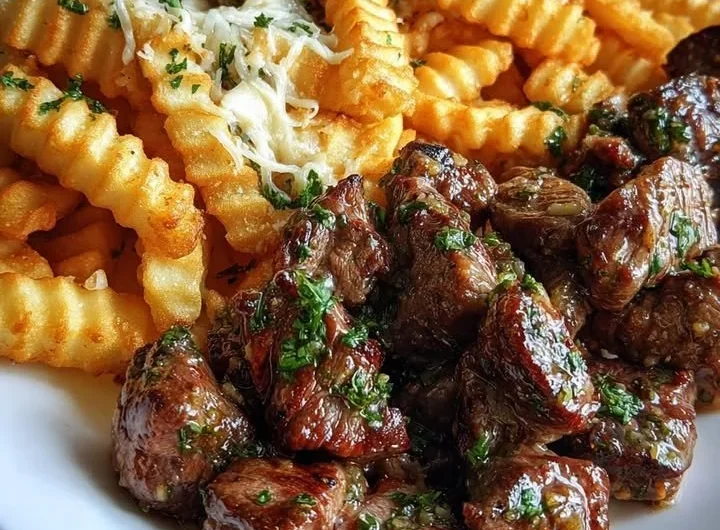 Garlic butter steak bites served with cheesy loaded crinkle fries