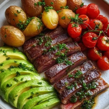 Garlic Butter Steak with Roasted Baby Potatoes, Avocado, and Cherry Tomatoes