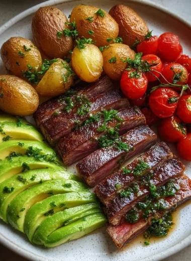 Garlic Butter Steak with Roasted Baby Potatoes, Avocado, and Cherry Tomatoes