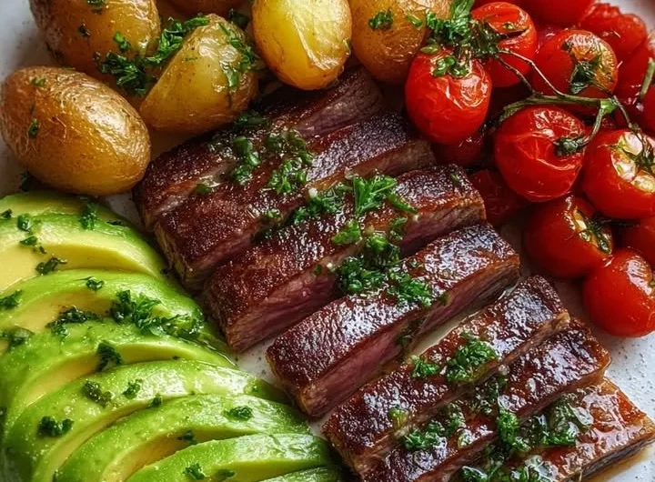 Garlic Butter Steak with Roasted Baby Potatoes, Avocado, and Cherry Tomatoes