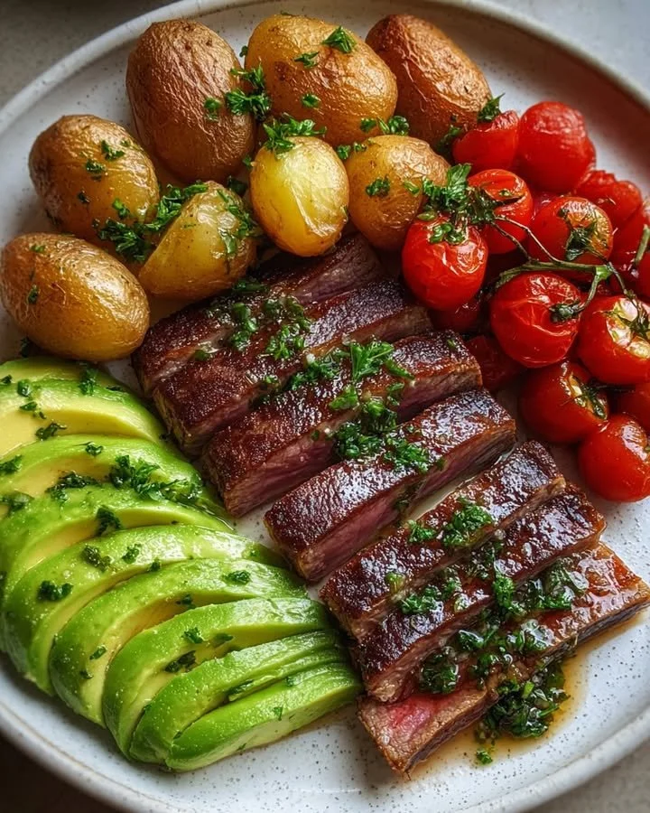 Garlic Butter Steak with Roasted Baby Potatoes, Avocado, and Cherry Tomatoes