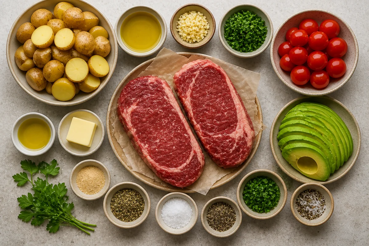 Garlic Butter Steak with Roasted Baby Potatoes, Avocado & Cherry Tomatoes