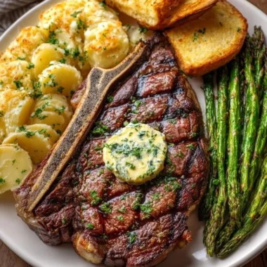 Delicious Garlic Butter T-Bone Steak with scalloped potatoes and roasted asparagus