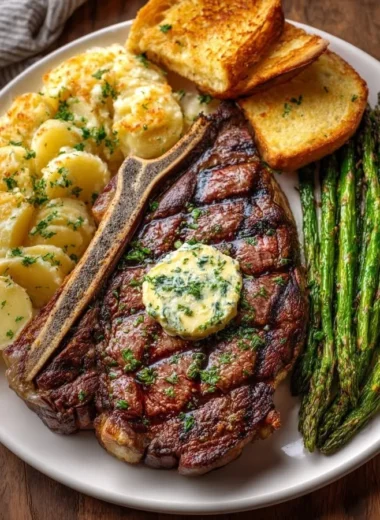 Delicious Garlic Butter T-Bone Steak with scalloped potatoes and roasted asparagus