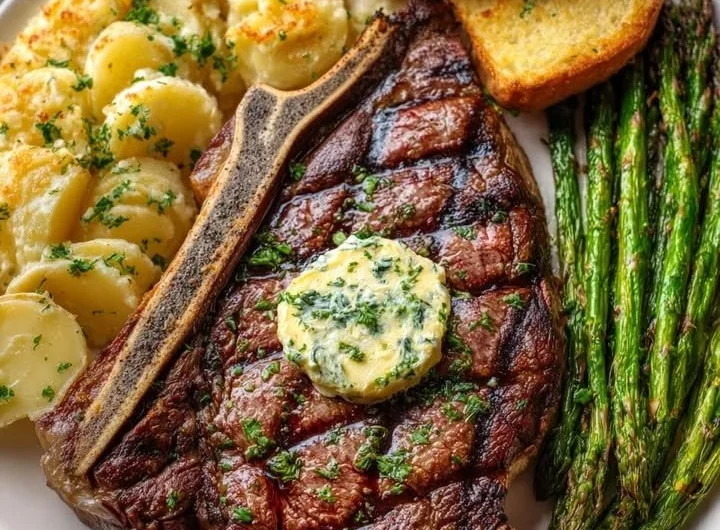 Delicious Garlic Butter T-Bone Steak with scalloped potatoes and roasted asparagus