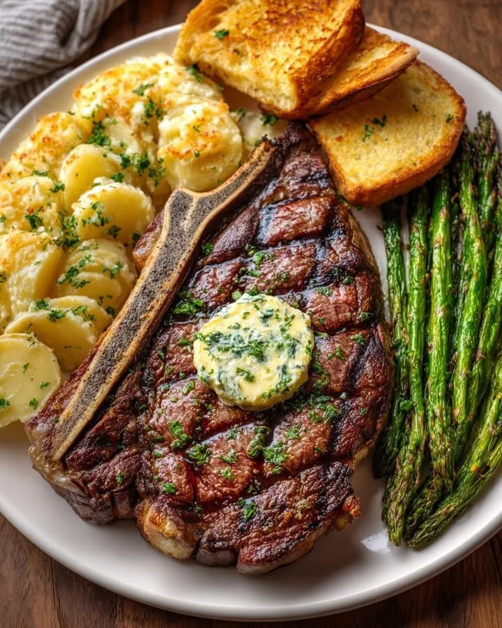 Garlic Butter T-Bone Steak with Scalloped Potatoes & Roasted Asparagus