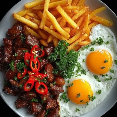 Plate of Garlic Chili Beef Bites with crispy fries and sunny-side-up eggs