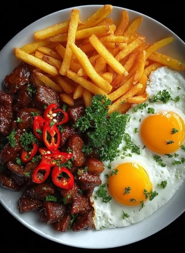 Plate of Garlic Chili Beef Bites with crispy fries and sunny-side-up eggs